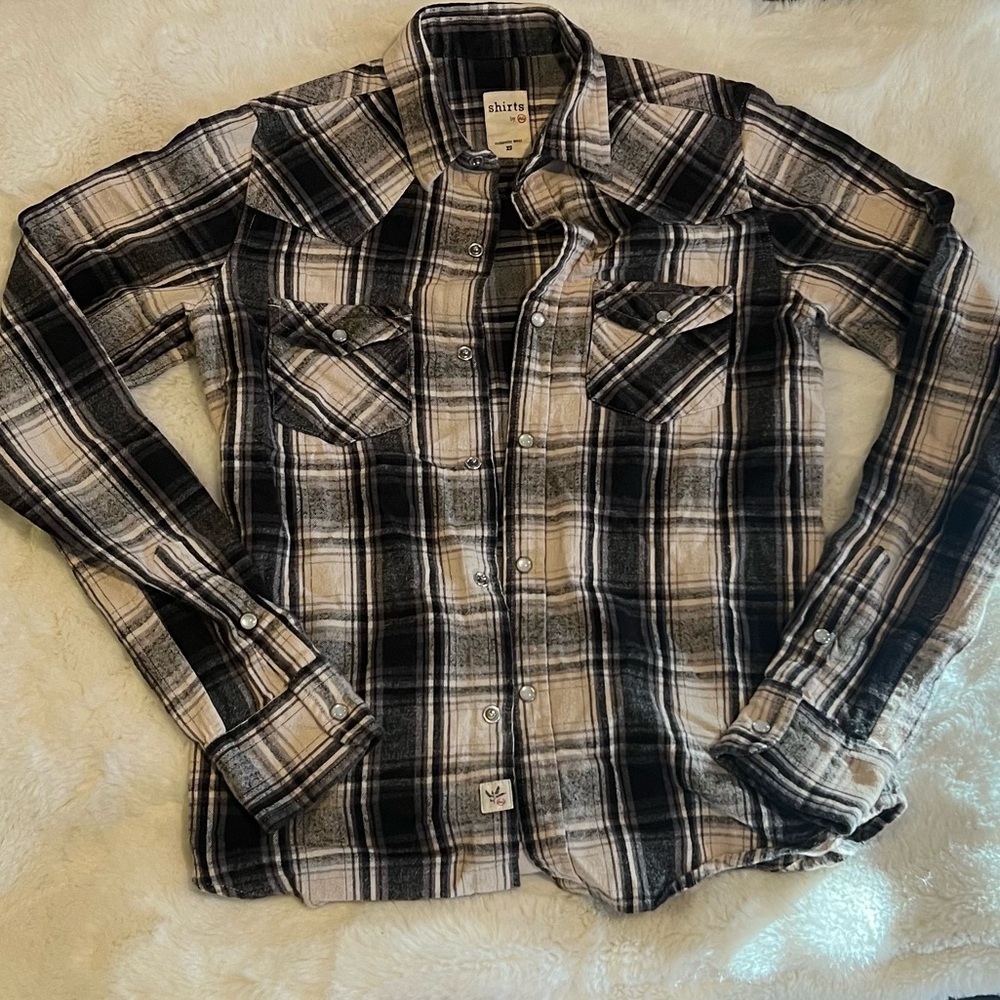 Ag Adriano Goldschmied Black and White Button Down Shirt with Mandarin Collar